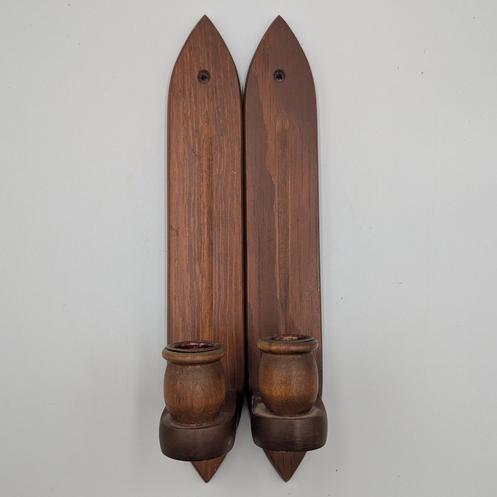 Vintage MCM Walnut Wall Sconce Pair Wood Brown Taper Candle Holders Set of 2